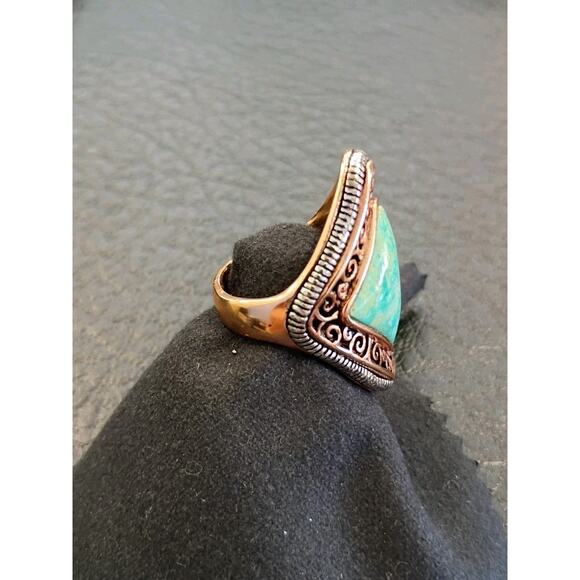 Barse Ring Size 7 Sterling Silver 925 Bronze Tone Turquoise Diamond Shape 1.3"L - Picture 3 of 6